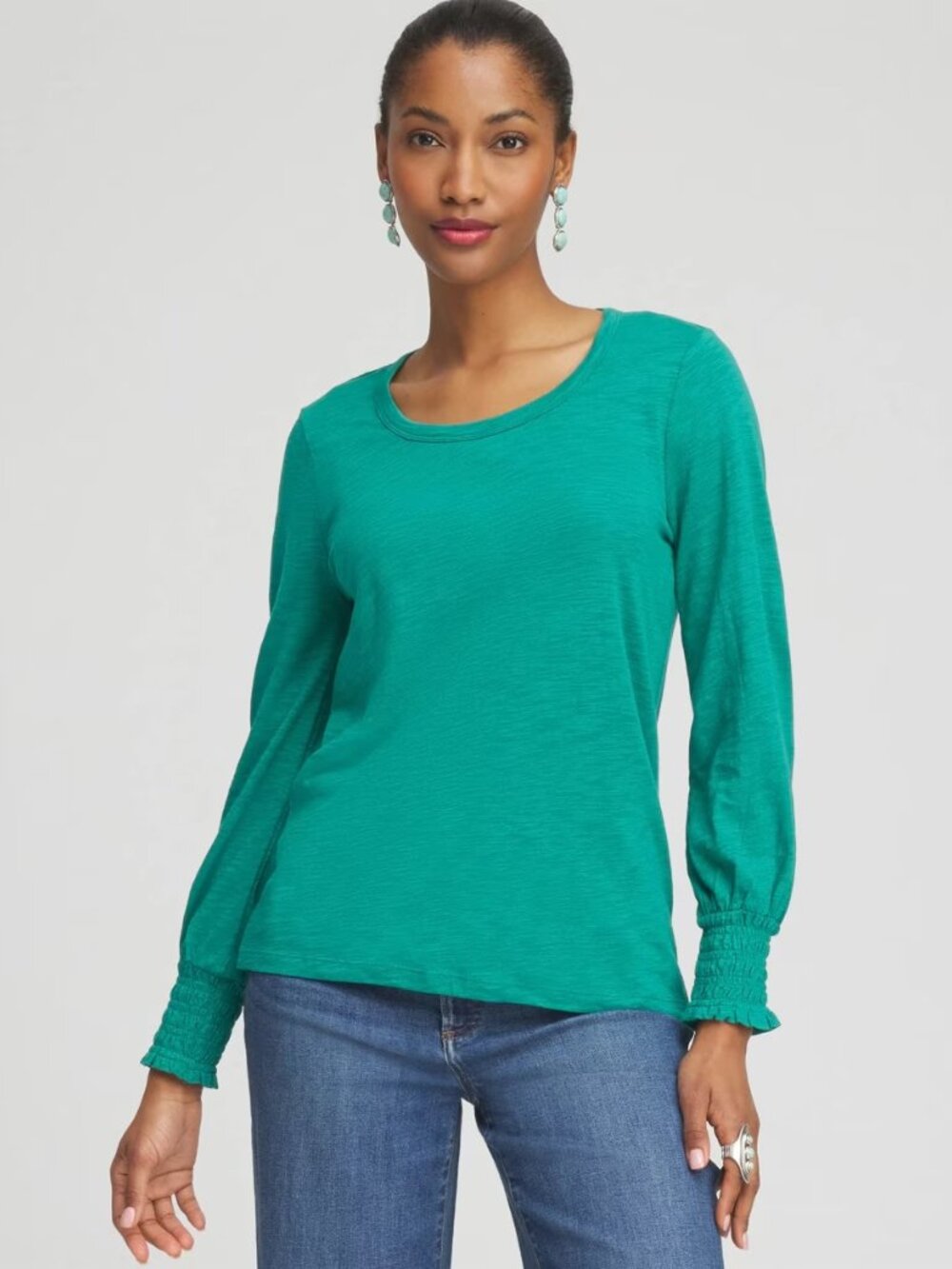 2/$30 Chico's Smocked Long Sleeve Tee Emerald 16 #A3999